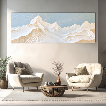 a modern living room with a large landscape painting hanging on the wall above two white armchairs and a coffee table.
