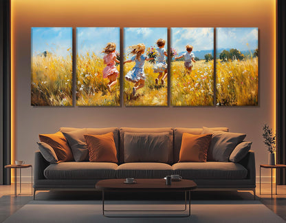 Joyful Kids Canvas – Running Children Flower Field Wall Art | Framed Ready to Hang