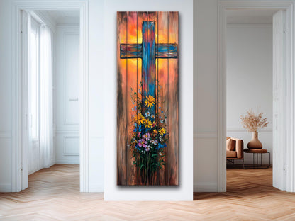 Rustic Cross with Wildflowers Painting Printed on Natural Wood – Christian Print on Wood, Religious Wall Art, Christian Wall Decor