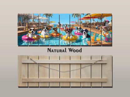 Dogs Tropical Pool Bar Print – Funny Summer Dog Wall Art on Wood Panel