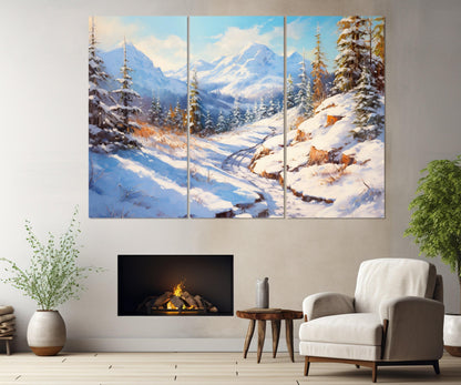 Winter Landscape Canvas Print, Forest and Mountains Painting, Winter Nature Wall Art, Framed and Ready to Hang