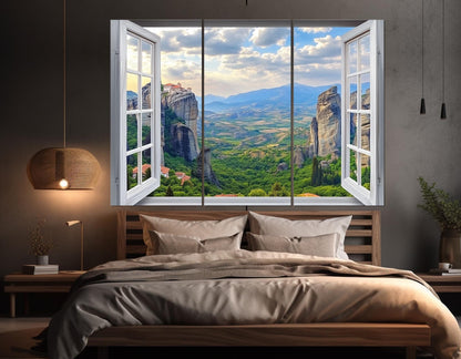 Greece Canvas Print – Open Window Wall Art of Meteora Monasteries | Ready to Hang Framed Canvas