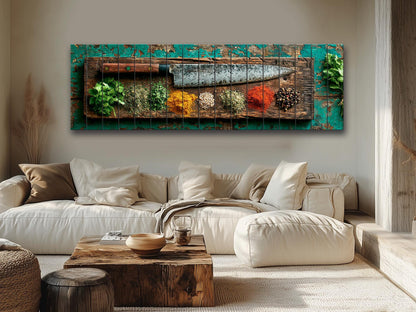 Rustic Kitchen Wall Art – Chef Knife Wood Print with Herbs on Peeling Paint