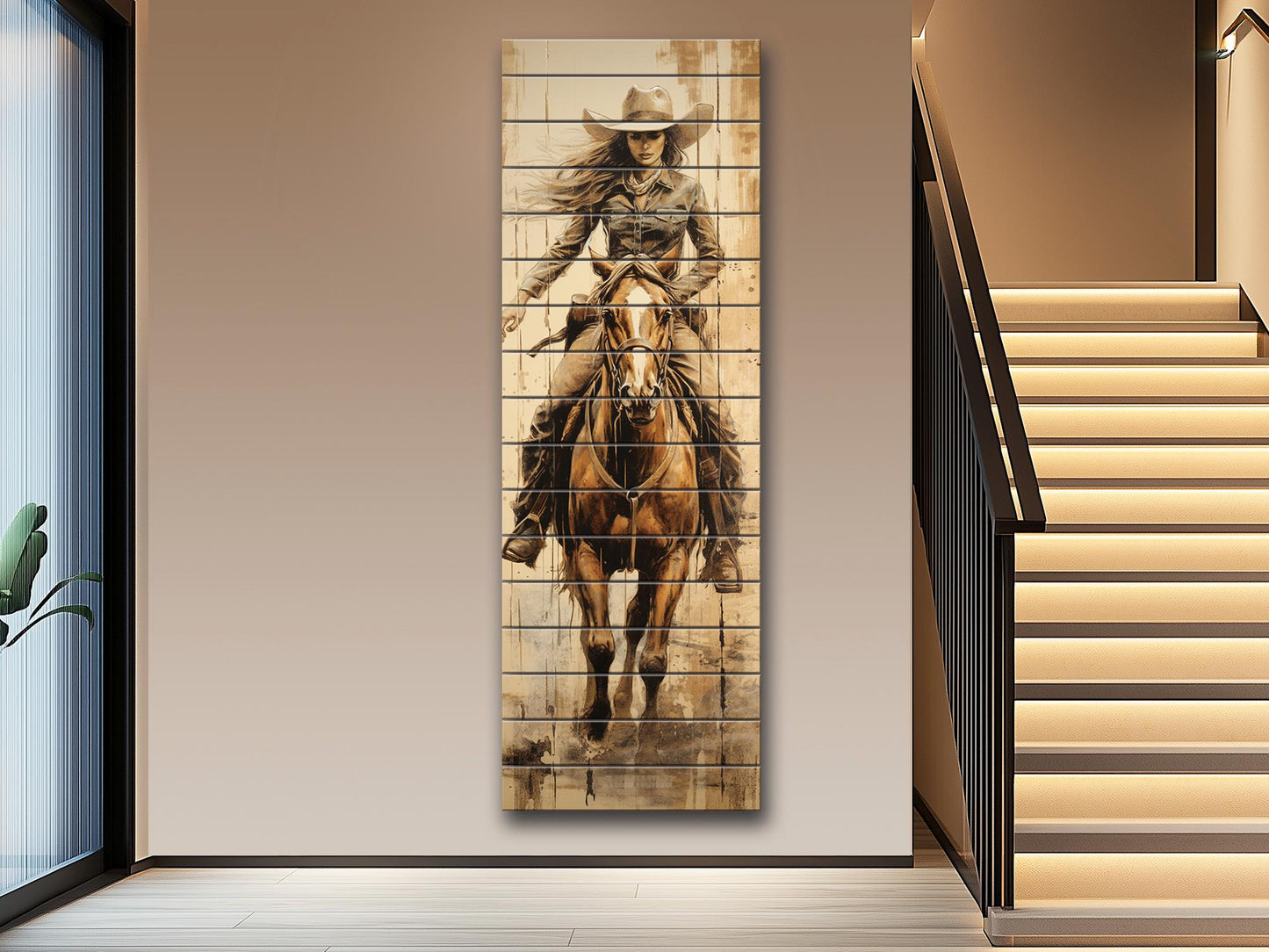 Rustic Cowgirl Art Print – Western Wall Decor | Natural Wood Wood Print Art