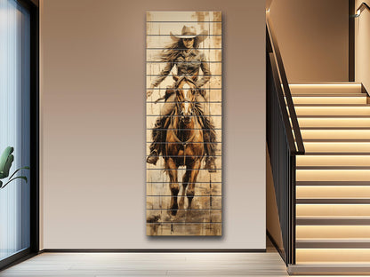 Rustic Cowgirl Art Print – Western Wall Decor | Natural Wood Wood Print Art