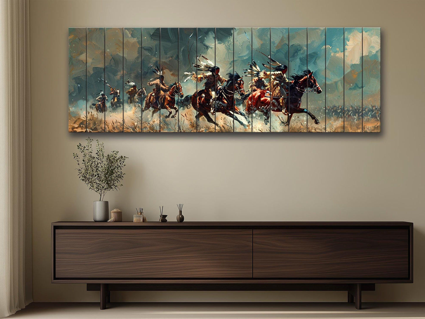 Native Americans Wood Print - UV Printed Wood Panel with Horseback Battle Scene