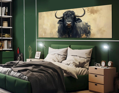 Black Buffalo Painting – Large Bull Canvas Print | Abstract Buffalo Poster, Framed Wall Art