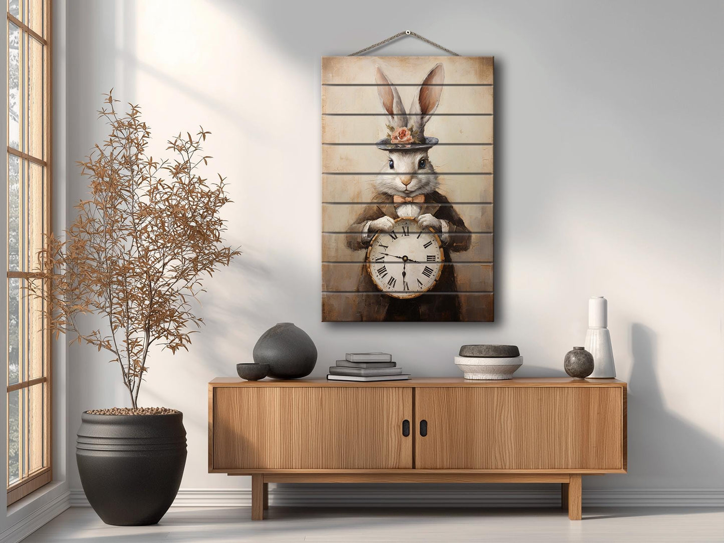 Vintage Rabbit Art – Rustic Wood Wall Art With Whimsical Animal Print Clock
