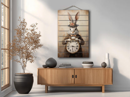 Vintage Rabbit Art – Rustic Wood Wall Art With Whimsical Animal Print Clock