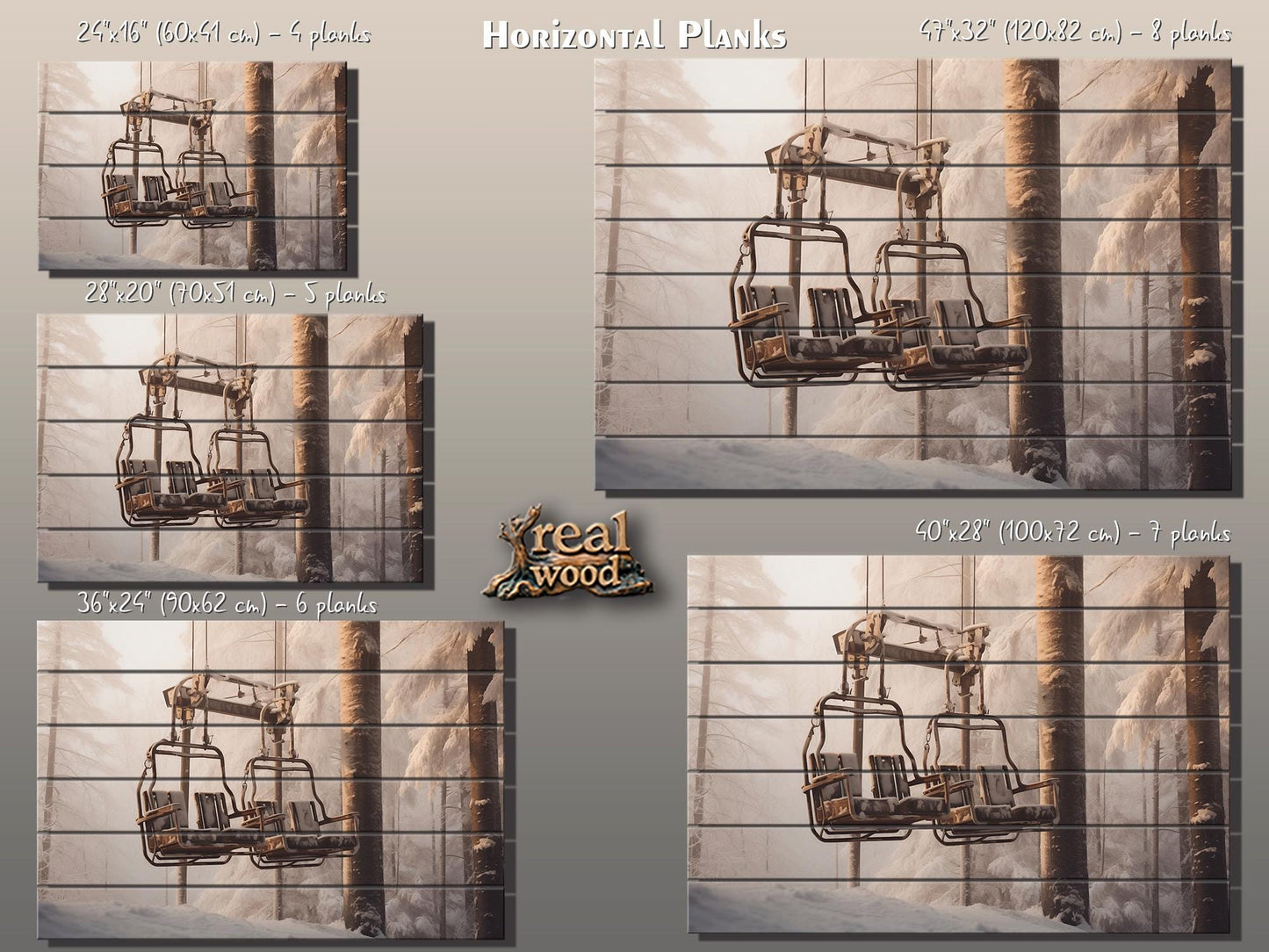 Retro Chairlift, Ski Lift Print On Natural Wood- Vintage Wall Art