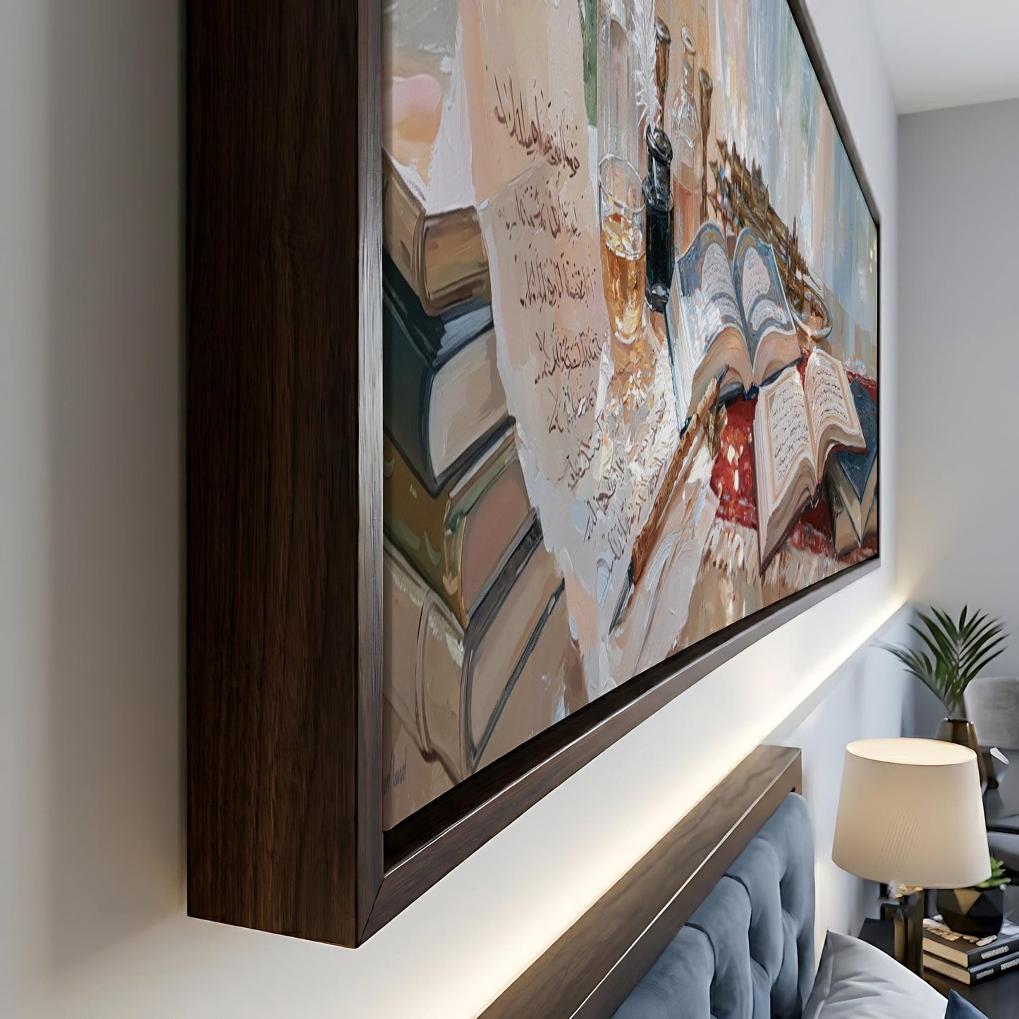 a large framed painting depicting a scene with books, a glass, and a plant, hanging on a wall in a room.