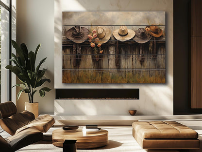 Rustic Fence Wall Art – Wooden Wall Decor with Hanging Hats Print on Natural Wood