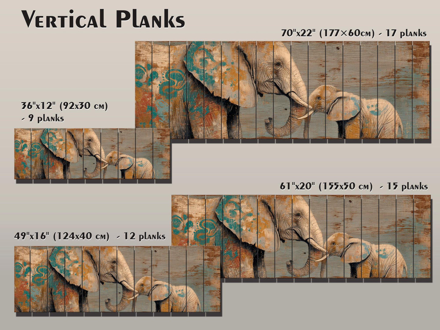 Loving Mother Elephant with Calf on Rustic Wooden Slats, Elephants Wall Art, Elephants Painting, Elephants Print on Wood, Wood Wall Art