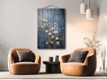 Rustic Floral Wall Art - White Blossoms Print on Natural Wood Plank Art
