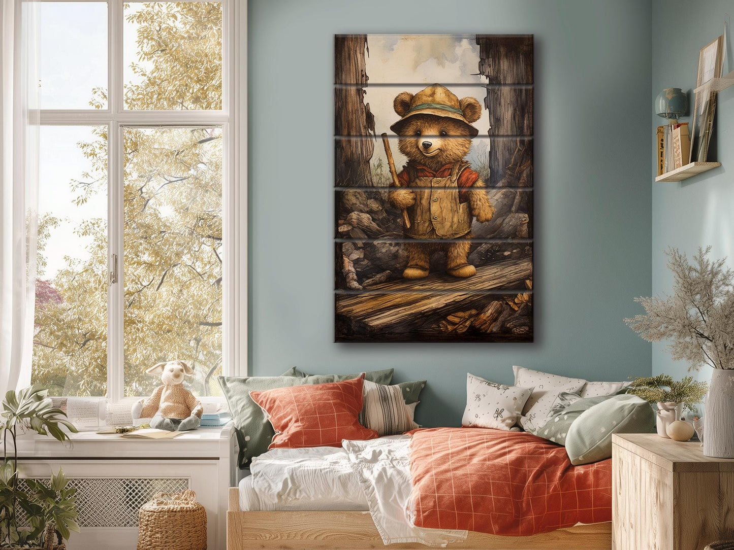 Rustic Hiking Bear Print on Natural Wood – Nursery Animal Wall Art