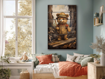 Rustic Hiking Bear Print on Natural Wood – Nursery Animal Wall Art