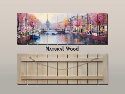 Amsterdam Wood Wall Art – Rustic Abstract Skyline Print on Natural Wood Texture