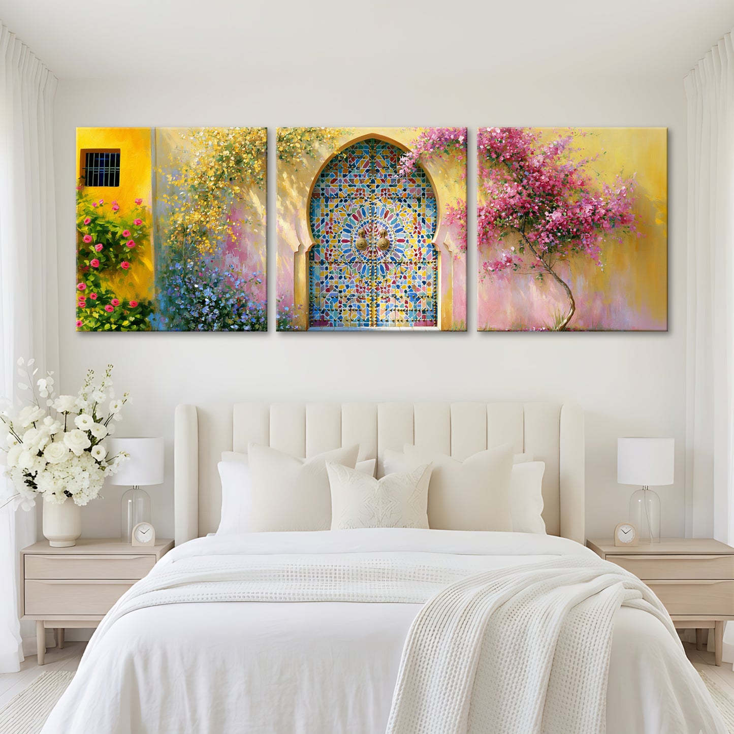 a large, white bed with a white headboard and pillows, and a large, colorful painting of a stained glass window above it. The painting depicts a vibrant scene with pink flowers and a yellow archway.