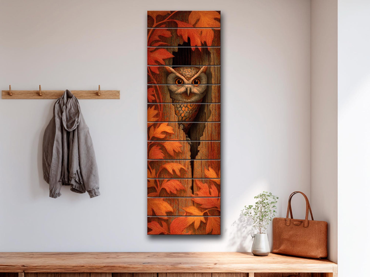Curious Owl Peeking from a Hollow Tree with Autumn Leaves Print on Natural Wood, Vertical Autumn Painting, Wood Wall Art, Cozy Cabin Decor