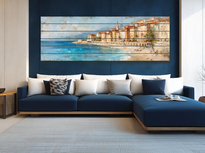 French Riviera Wall Art – Beige Pastel Oil Painting on Wood Planks