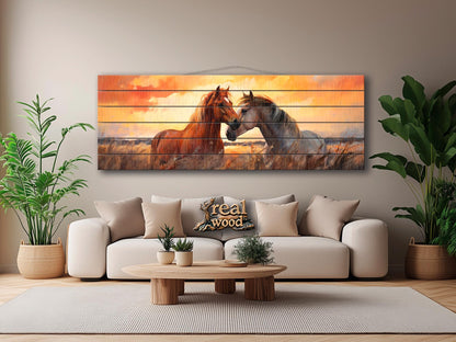 Wood Wall Art – Romantic Horse Couple Painting | Large Wooden Poster Decor