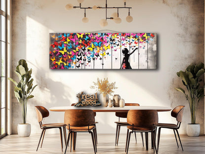 Wood Wall Art | Urban Street Art Print on Natural Wood Plank with Butterflies