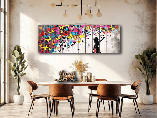Wood Wall Art | Urban Street Art Print on Natural Wood Plank with Butterflies