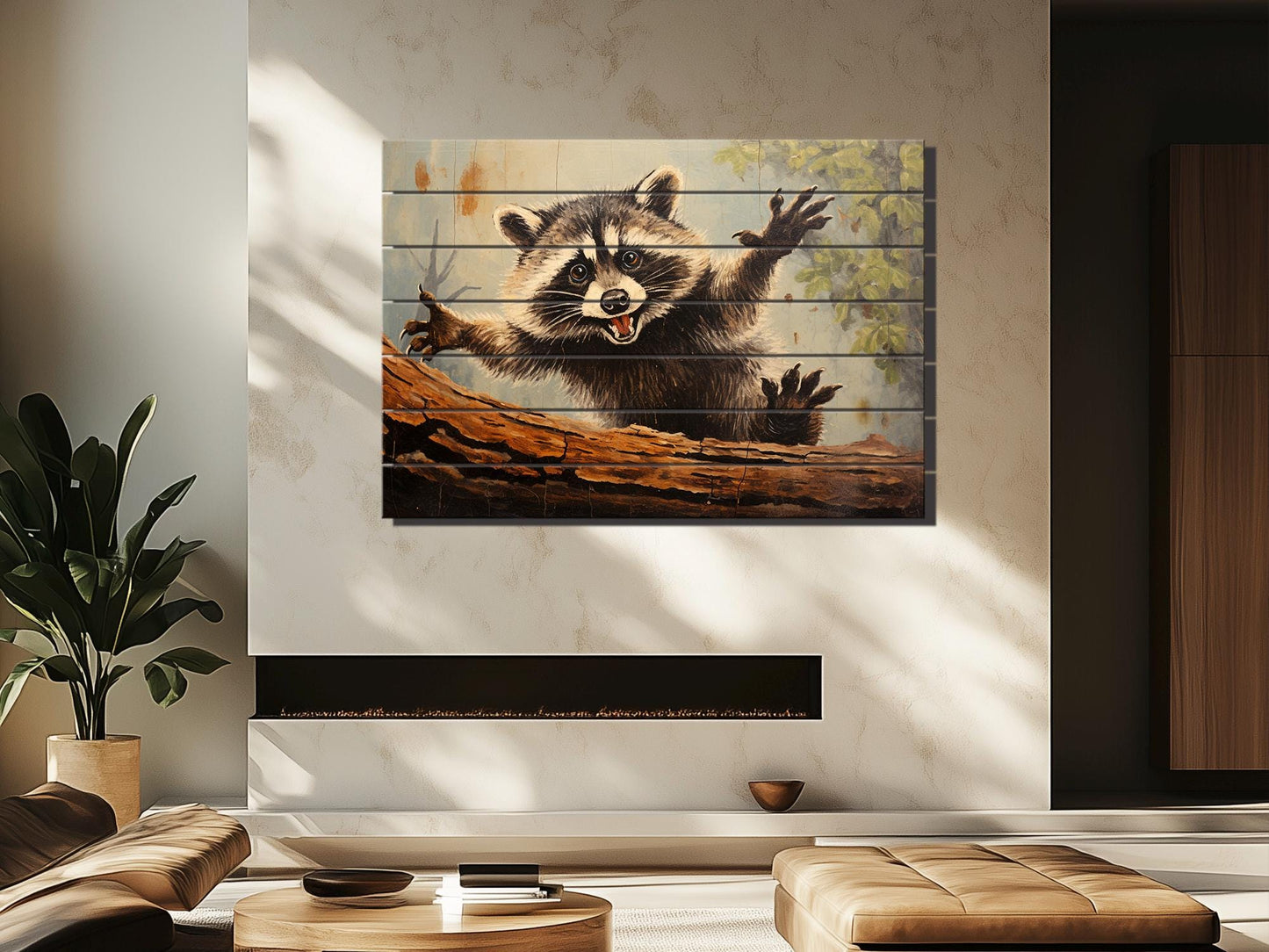 Rustic Woodland Wall Art – Happy Raccoon Wooden Wall Decor on Wood Planks