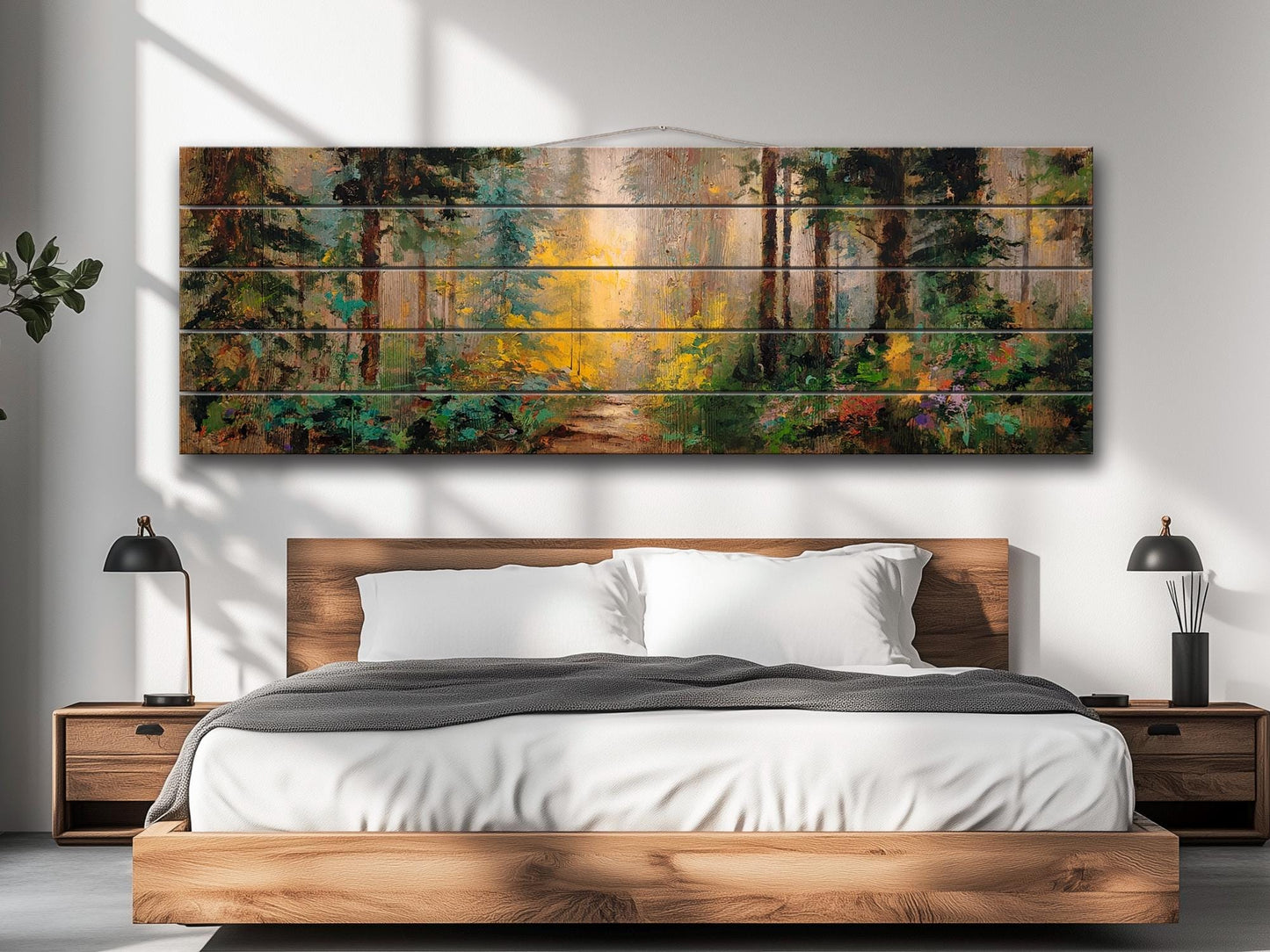 Mystical Forest Path Bathed in Golden Morning Light Print on Wood, Rustic Forest Painting, Cozy Cabin Wall Decor, Wood Wall Art