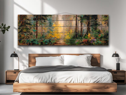 Mystical Forest Path Bathed in Golden Morning Light Print on Wood, Rustic Forest Painting, Cozy Cabin Wall Decor, Wood Wall Art