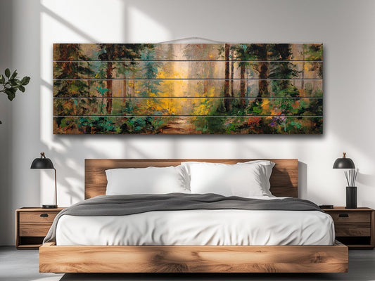 Mystical Forest Path Bathed in Golden Morning Light Print on Wood, Rustic Forest Painting, Cozy Cabin Wall Decor, Wood Wall Art