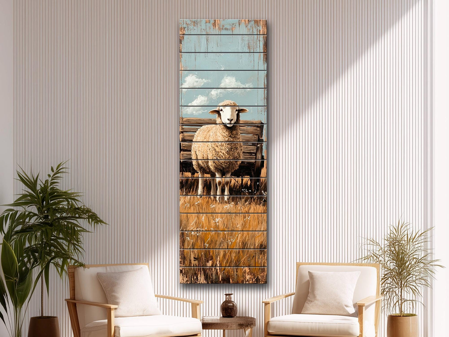 Rustic Wood Wall Art – Sheep Printed on Natural Wood Art – Rustic Farm Wall Decor – Folk Style Animal Print on Wood, Farmhouse Wall Art