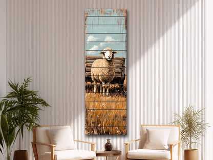 Rustic Wood Wall Art – Sheep Printed on Natural Wood Art – Rustic Farm Wall Decor – Folk Style Animal Print on Wood, Farmhouse Wall Art