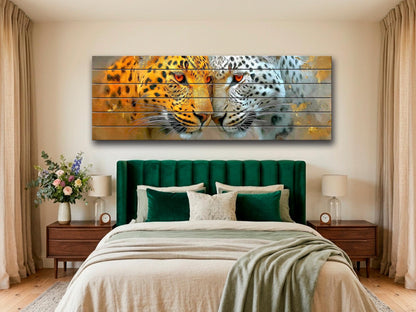 Leopard Couple Print on Natural Wood, Majestic Wildlife Romantic Wall Art