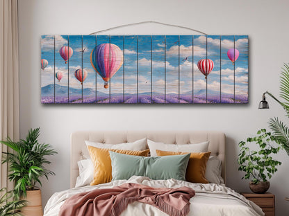 Romantic Hot Air Balloons Over Lavender Fields Print on Natural Wood, Soft Tone Painting, Soft Tones Balloons Wall Art, Wood Wall Art