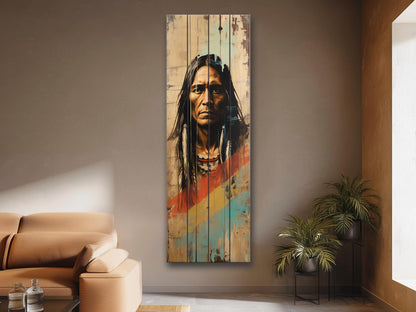 Native American Art Print – Tribal Wall Decor on Natural Wood Plank