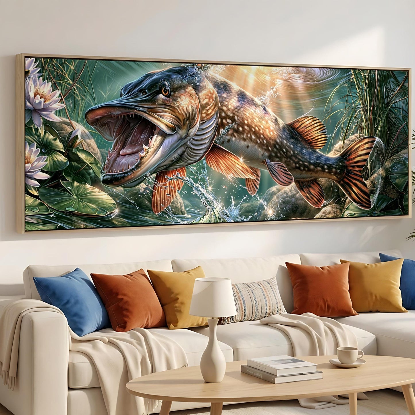 A large, vibrant painting of a fish with a wide open mouth is displayed on the wall above a white couch with colorful throw pillows.