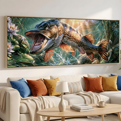 A large, vibrant painting of a fish with a wide open mouth is displayed on the wall above a white couch with colorful throw pillows.