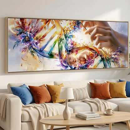 a large, colorful painting of a flower-filled DNA double helix hanging on a wall above a white couch with colorful throw pillows.