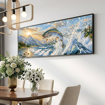 a large framed painting of a fish leaping out of a body of water, with a mountainous landscape in the background. The painting is hung on a wall above a dining table with a vase of flowers on it.