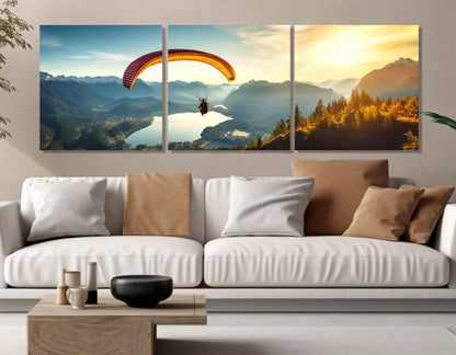 Skydiving Wall Art – Parachute Canvas Print Over Lake Panorama | Ready to Hang Decor