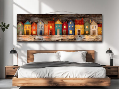 Wood Wall Art – Colorful Houses Print on Natural Wood with Glowing Windows