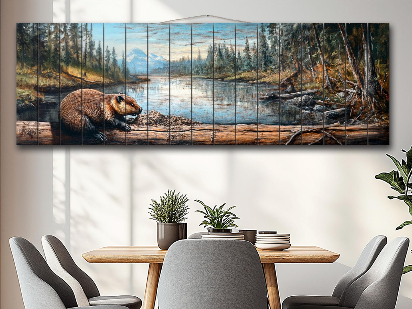 Rustic Beaver Building a Dam in Forest Print on Natural Wood, Rustic Forest Wall Art, Forest Landscape Painting, Wood Print, Wood Wall Art
