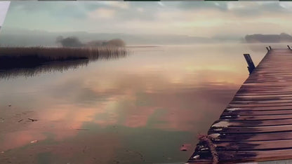 Old Fishing Bridge Canvas - Large Scenic Lake Wall Art with Foggy Lake Painting