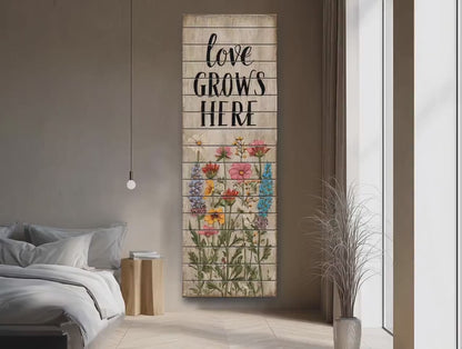 Rustic Wood Wall Art – Love Grows Here Sign With Wildflower Farmhouse Decor