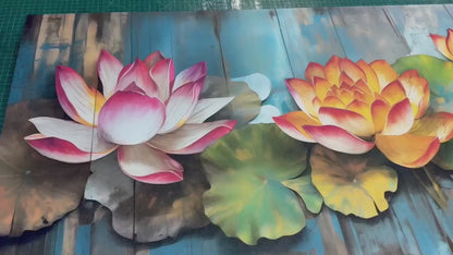 Abstract Lotus Canvas - Vibrant Floral Wall Decor With Wooden Background Painting
