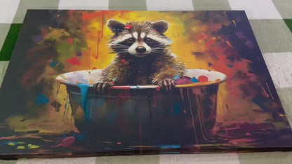 Raccoon Bathtub Canvas - Cute Animal Painting on Gallery Wrapped Cotton Canvas Print