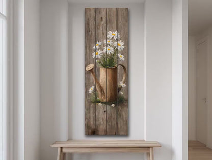 Rustic Wood Wall Art – Farmhouse Wall Decor | Watering Can & Daisy Floral Print